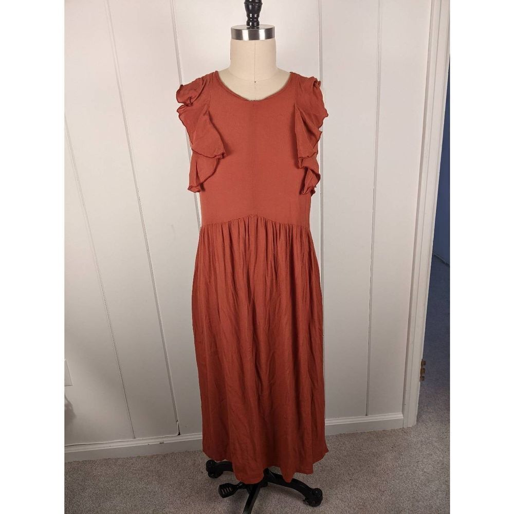 Sita Murt Women’s Rust Orange Ruffle Trim Midi Dress Size Small